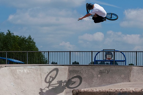 BMX riding in a skate park